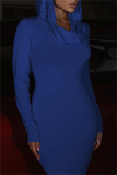 Blue Long Sleeve Floor Length Casual Outing Mermaid Hem Bodycon Hooded Cotton Maxi Dress