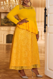 Yellow Peplum Top with Layered Ruffles Evening Party Wedding Guest Floral Lace Maxi Dress