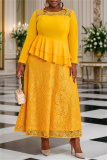 Yellow Peplum Top with Layered Ruffles Evening Party Wedding Guest Floral Lace Maxi Dress