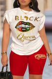 Red Casual Letter Print Round Neck Short Sleeve T-shirt and Shorts Two Pieces Matching Sets