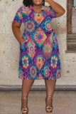 Blue Purple Graphic Print V Neck Short Sleeve Pocket Casual Outing Straight Loose Fit Midi Dress