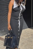 Black Large Lapel Collar Sleeveless Backless Front Botton Decor Casual Outing Office Straight Loose Fit Maxi Dress