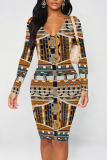 Purple Geometric Print V Neck Long Sleeve Ankle Length Causal Outing Bodycon Midi Dress