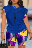 Red Casual Letter Print Round Neck Short Sleeve T-shirt and Shorts Two Pieces Matching Sets
