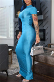 Black Half A Turtleneck Short Sleeve Floor Length Casual Outing Bodycon Shinny Maxi Dress