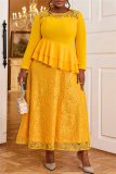 Yellow Peplum Top with Layered Ruffles Evening Party Wedding Guest Floral Lace Maxi Dress