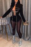 Black Skinny Belted Turn-back Collar Cross Straps Long Sleeve Outerwear Suit Jacket Blazer