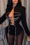 Black Skinny Belted Turn-back Collar Cross Straps Long Sleeve Outerwear Suit Jacket Blazer