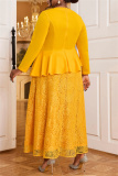 Yellow Peplum Top with Layered Ruffles Evening Party Wedding Guest Floral Lace Maxi Dress