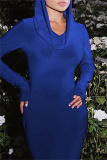 Blue Long Sleeve Floor Length Casual Outing Mermaid Hem Bodycon Hooded Cotton Maxi Dress