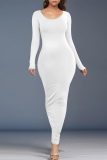White O Neck Long Sleeve One Step Skirt Causal Outing Bodycon Cotton Maxi Dress
