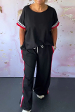 Black Loose Sportwear Casual Stripe Draw String Pocket Round Neck Half Sleeve T-shirt and Wide Leg Pants Two Pieces Sets