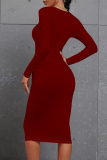 Black O Neck Long Sleeve Causal Outing Ruched Bodycon Pencil Cotton Midi Dress