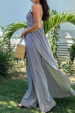 Grey Vacation Stripe Slit V Neck Sleeveless Caimi Long Tops and Straight Leg Pants Two Pieces Sets