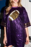 Purple Casual Loose Sequins Round Neck Half Sleeve Football Wear Cheering Squad T-Shirts