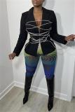 Black Skinny Belted Turn-back Collar Cross Straps Long Sleeve Outerwear Suit Jacket Blazer