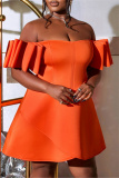 Orange Off-Shoulder Layered Ruffle Sleeve Asymmetrical Hem A Line Cocktail Party Midi Dress