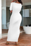 White O Neck Long Sleeve One Step Skirt Causal Outing Bodycon Cotton Maxi Dress