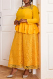Yellow Peplum Top with Layered Ruffles Evening Party Wedding Guest Floral Lace Maxi Dress