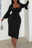 Black Flare Sleeve with Ruffled Decor Square Neck Formal Party Bodycon Midi Dress
