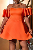 Orange Off-Shoulder Layered Ruffle Sleeve Asymmetrical Hem A Line Cocktail Party Midi Dress