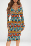 Purple Geometric Print V Neck Long Sleeve Ankle Length Causal Outing Bodycon Midi Dress