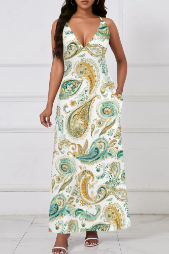 Black Yellow Graphic Print V Neck Sleeveless Pocket Casual Outing Loose Maxi Slip Dress