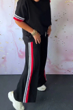 Black Loose Sportwear Casual Stripe Draw String Pocket Round Neck Half Sleeve T-shirt and Wide Leg Pants Two Pieces Sets