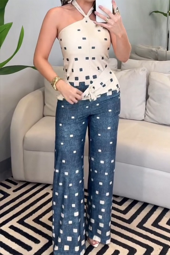 Blue Vacation Casual Plaid Lace Up Contrast Halter Sleeveless Tops and Straight Leg Pants Two Pieces Sets