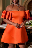Orange Off-Shoulder Layered Ruffle Sleeve Asymmetrical Hem A Line Cocktail Party Midi Dress