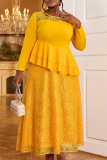 Yellow Peplum Top with Layered Ruffles Evening Party Wedding Guest Floral Lace Maxi Dress