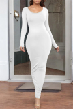 White O Neck Long Sleeve One Step Skirt Causal Outing Bodycon Cotton Maxi Dress