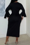 Black Flare Sleeve with Ruffled Decor Square Neck Formal Party Bodycon Midi Dress