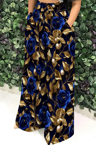 Golden Blue Casual Floral Geometric Print Pocket Loose Mid Waist Wide Leg Full Print Bottoms Pants