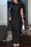 Black Half A Turtleneck Short Sleeve Floor Length Casual Outing Bodycon Shinny Maxi Dress