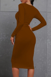 Black O Neck Long Sleeve Causal Outing Ruched Bodycon Pencil Cotton Midi Dress