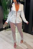 Black Skinny Belted Turn-back Collar Cross Straps Long Sleeve Outerwear Suit Jacket Blazer
