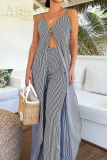 Grey Vacation Stripe Slit V Neck Sleeveless Caimi Long Tops and Straight Leg Pants Two Pieces Sets