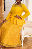 Yellow Peplum Top with Layered Ruffles Evening Party Wedding Guest Floral Lace Maxi Dress