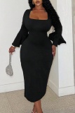 Black Flare Sleeve with Ruffled Decor Square Neck Formal Party Bodycon Midi Dress