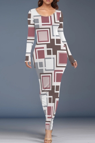 White Brown Graphic Print O Neck Long Sleeve Ankle Length Causal Outing Bodycon Midi Dress