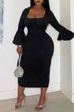 Black Flare Sleeve with Ruffled Decor Square Neck Formal Party Bodycon Midi Dress