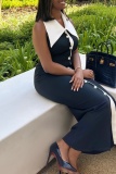 Black Large Lapel Collar Sleeveless Backless Front Botton Decor Casual Outing Office Straight Loose Fit Maxi Dress
