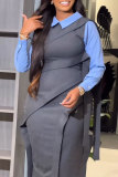 Blue Shirt Collar Long Sleeve Layered Faux Wrap Dark Gray Business Wear Shirt Midi Dress