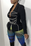 Black Skinny Belted Turn-back Collar Cross Straps Long Sleeve Outerwear Suit Jacket Blazer