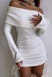 Black Off-Shoulder Bell Sleeve Ruched Drawstring BodyconRibbed Knit Mini Dress