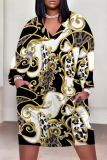 Red Blue Leopard Chain Print V Neck Long Sleeve Casual Outings Plus Size Straight Loose Midi Dress