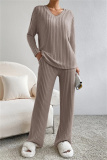Black Casual Threaded V Neck Long Sleeve tops and Straight Leg Pants Knitted Two Pieces Matching Sets
