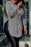 Brown Casual Striped Figure Abstract Print Slit Turndown Collar Long Sleeve Tops Shirts