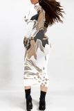 Black White Geometric Letters Print Half A Turtleneck Long Sleeve Casual Street Wrap Pencil Midi Dress